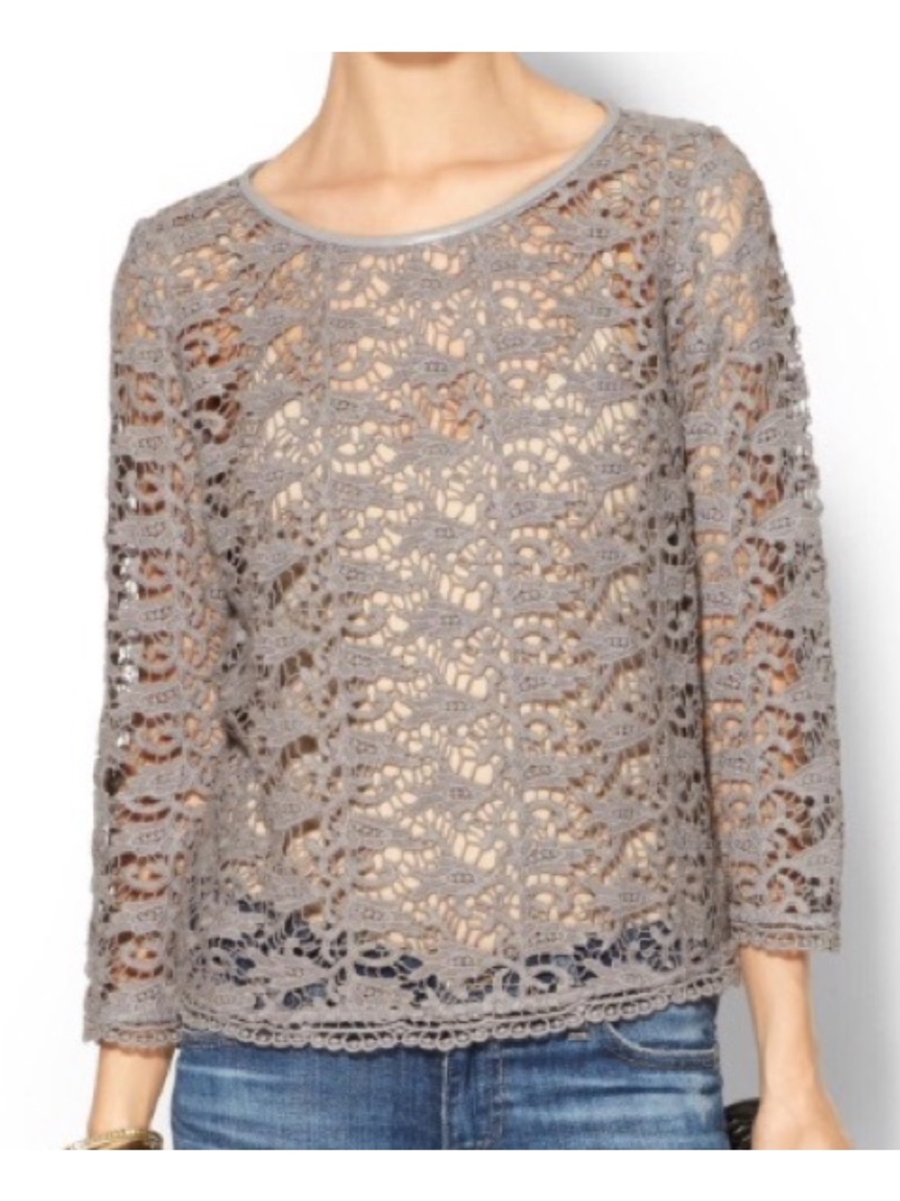 Joie Antonia Taupe Lace Leather Trim Top Exposed Zipper Small Cotton EUC